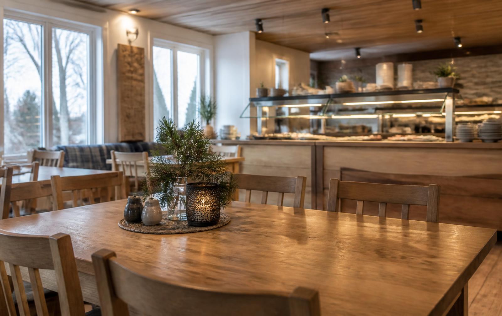 Lounasravintolan sali ja lounasbuffet